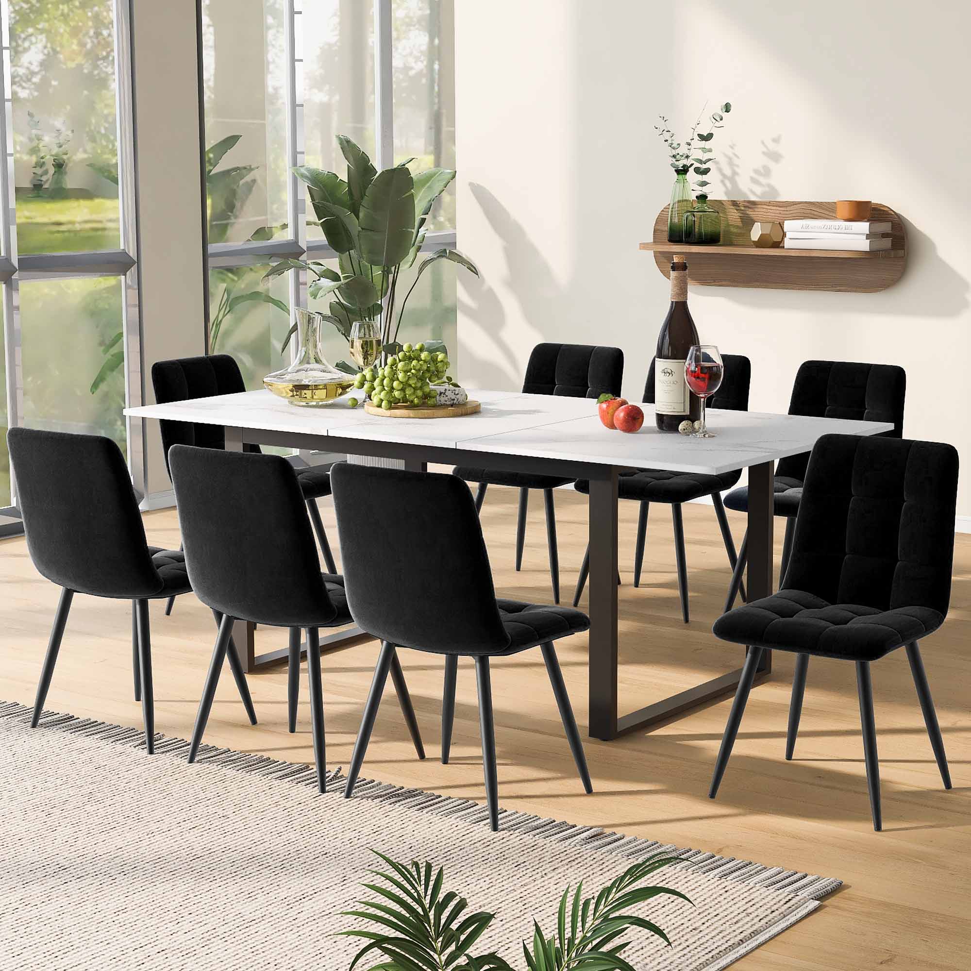 Dining Set Extendable Table 8 Black Velvet Chairs White/Black