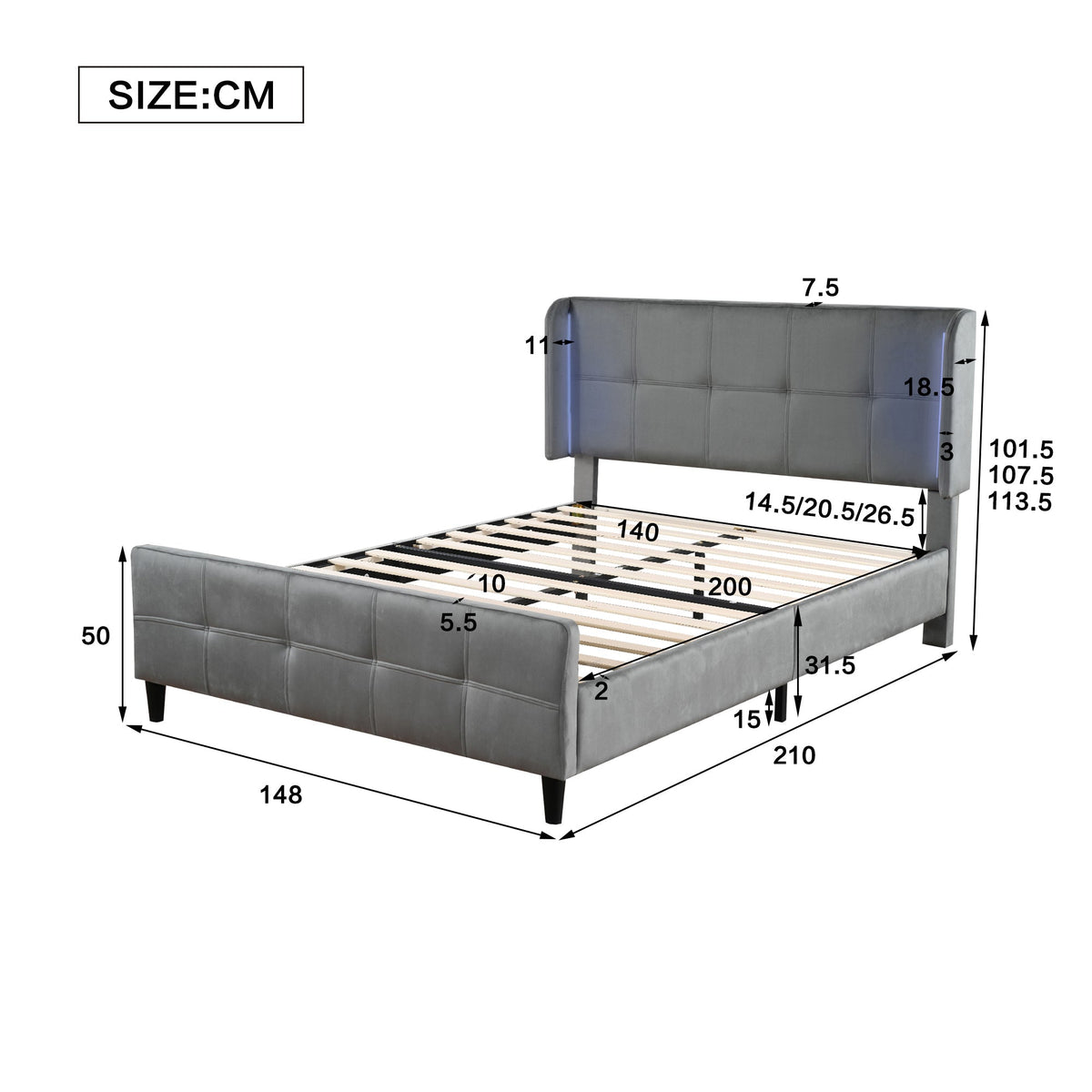 Upholstered Bed, Double with 16-Color LED, Adjustable Headboard, Velvet Gray