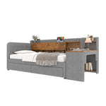 Daybed with Desk and USB Charging, 2 Drawers and Storage Compartments, Grey Linen