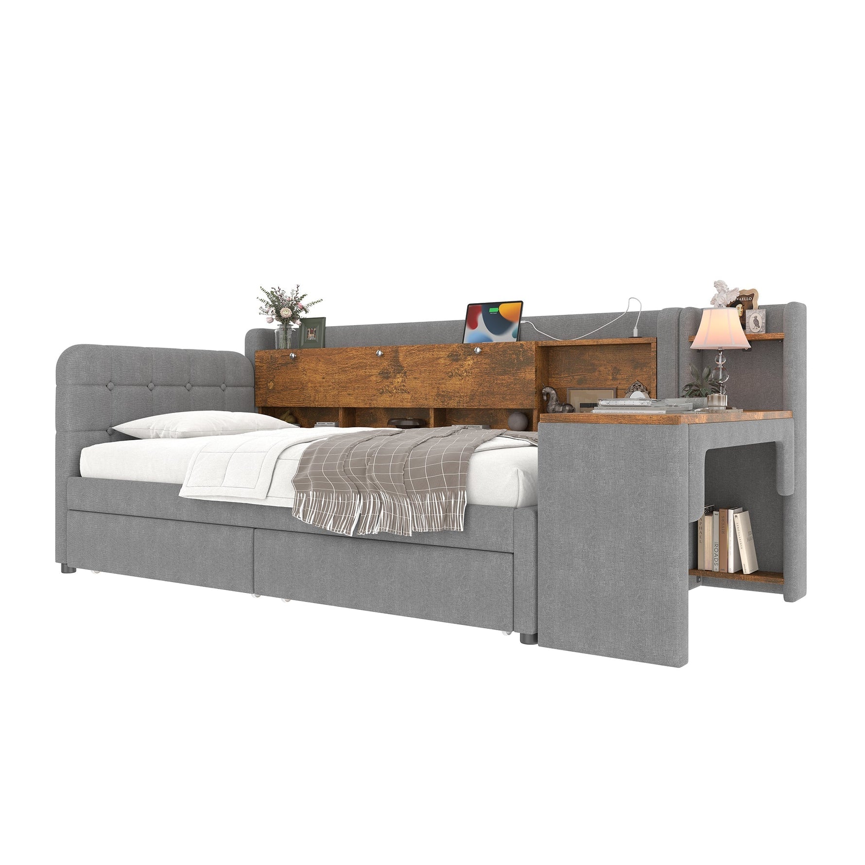 Daybed with Desk and USB Charging, 2 Drawers and Storage Compartments, Grey Linen
