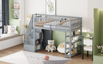 Loft Bed with Wardrobe, Shelves, Storage, Ladder, 90 x 200, Solid Wood, Grey