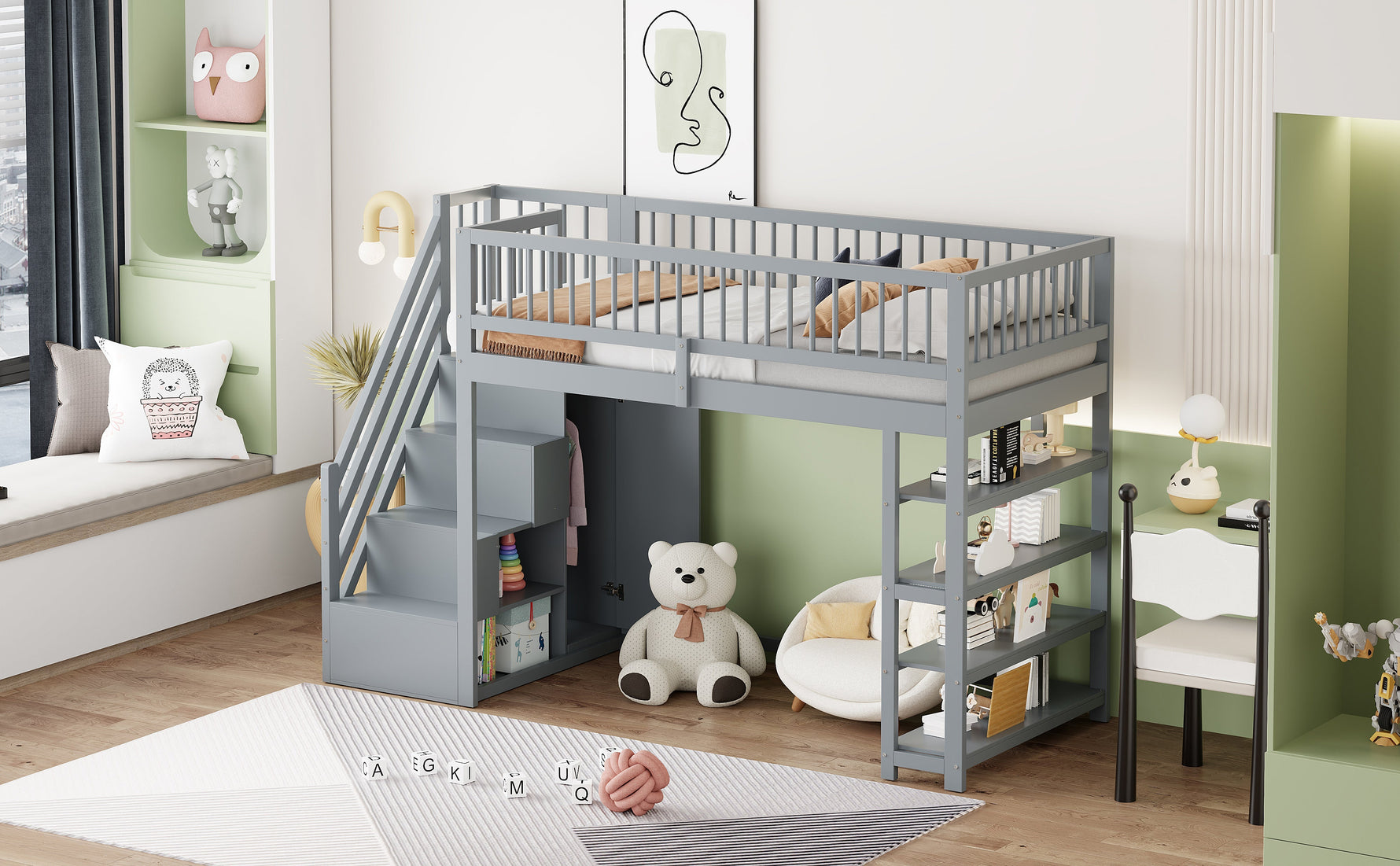Loft Bed with Wardrobe, Shelves, Storage, Ladder, 90 x 200, Solid Wood, Grey