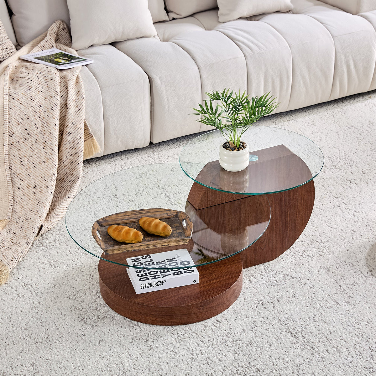 Modern Minimalist Coffee Table with Double-Layered Safety Glass and Multi-Tiered Design, Walnut Wood Grain Finish