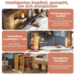 Double Bed with Mattress, Storage, Bedside Tables, Bench and USB Lamps, Oak Wood and Linen
