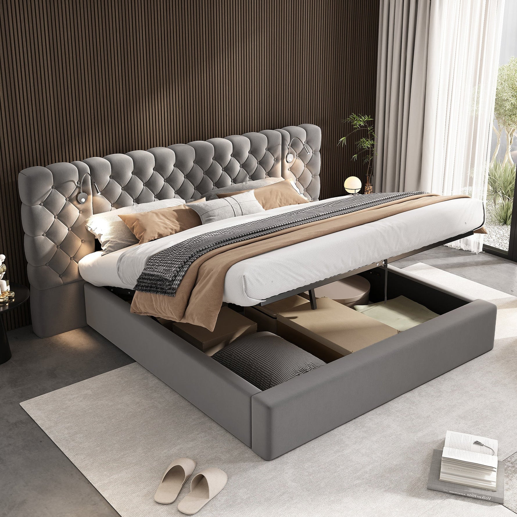 Upholstered Double Bed 160x200cm Hydraulic Storage LED Headboard Lamp - Velvet Grey