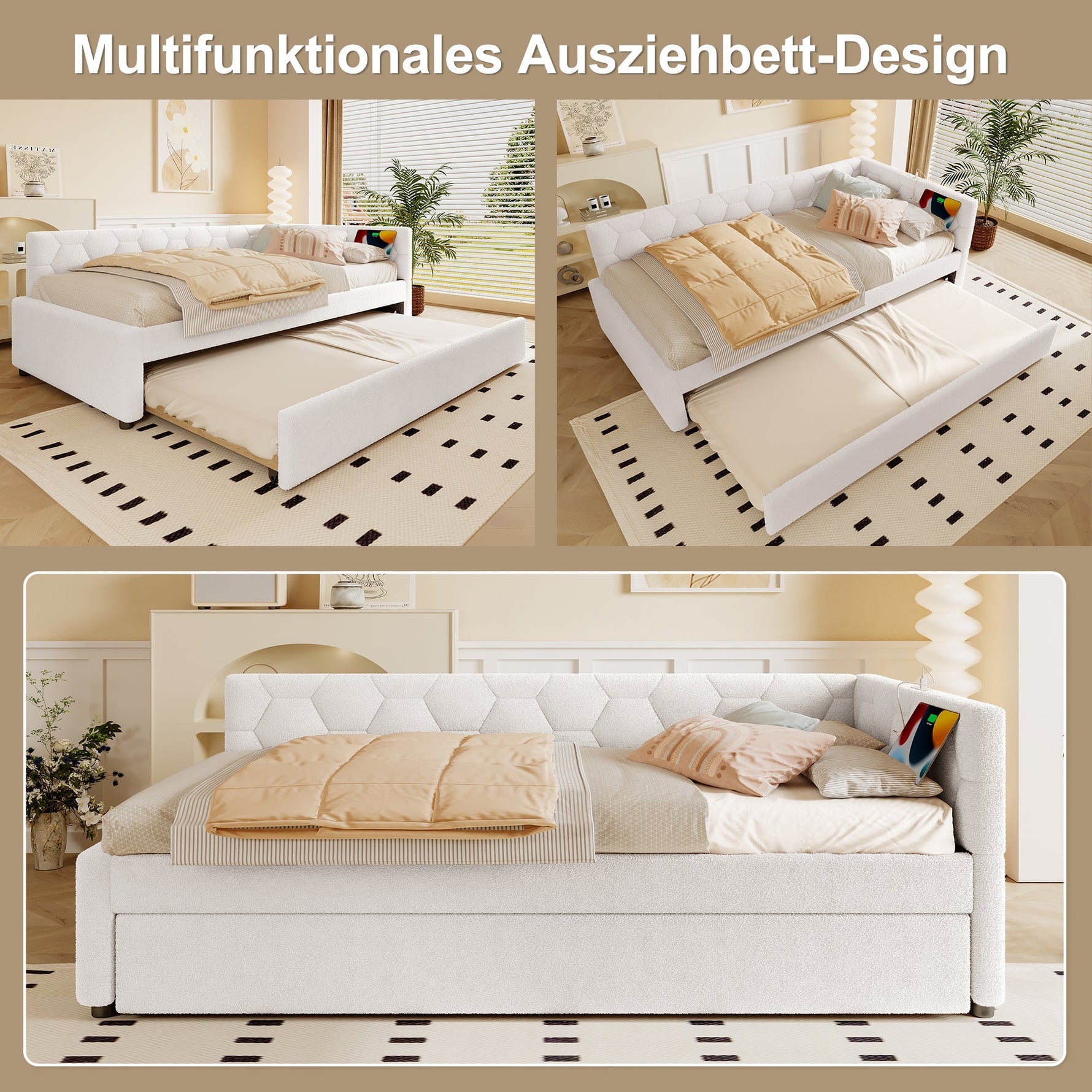 Daybed Sofa Bed 90x200cm Pull-Out Bed Lamp USB/Type-C - Fleece Imitation White