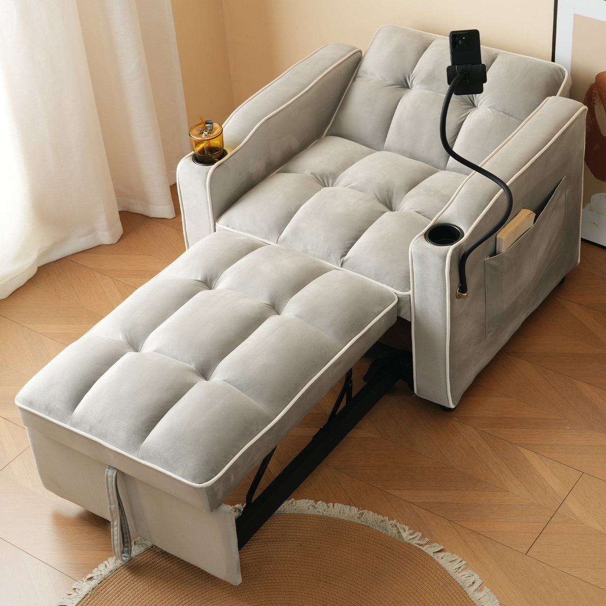 3-in-1 Extendable Single Sleeper Sofa with Cup/Phone Holders, Perfect for Small Spaces
