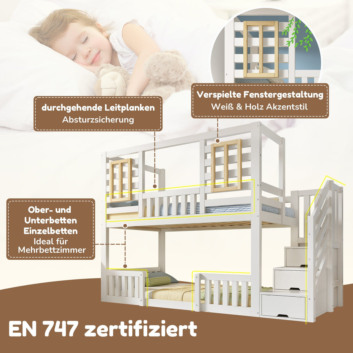 Bunk Bed with Cabin Style Windows and Staircase Cupboard, 90x200cm, White Wood