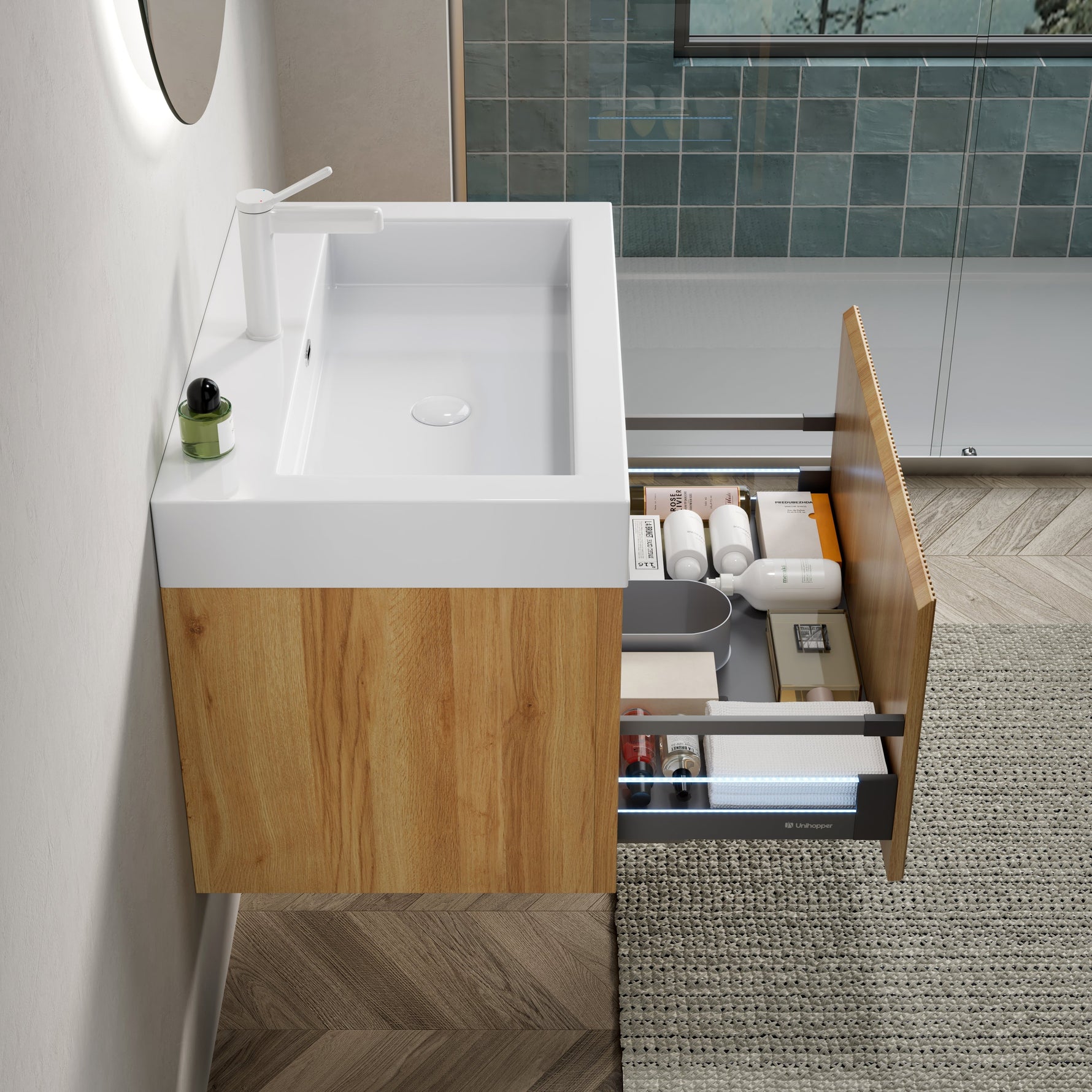 Wall-Mounted Bathroom Vanity Unit with Resin Basin and Drawer, Natural Wood Grain
