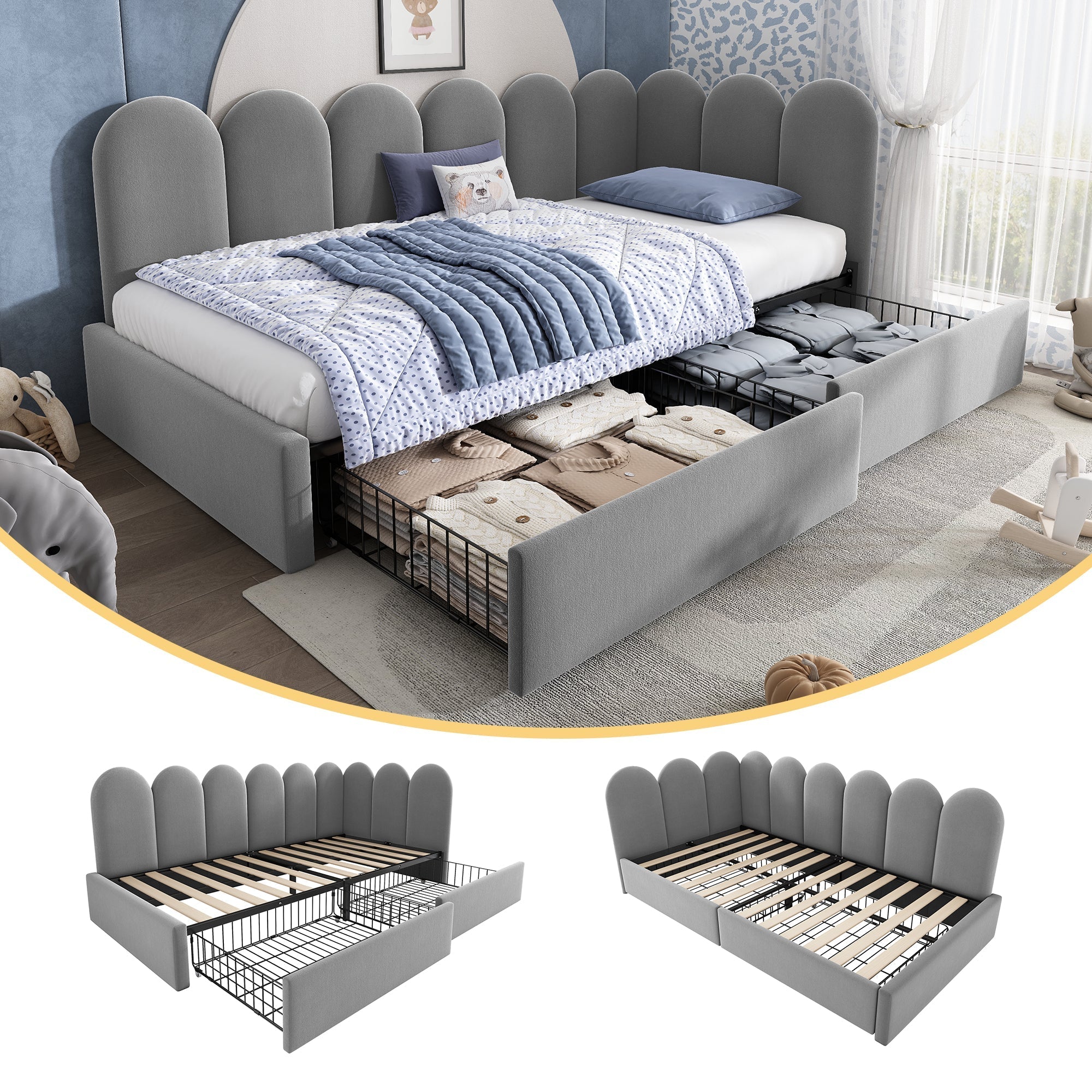 Upholstered Single Daybed 90x190cm Storage Drawers - Grey Velvet