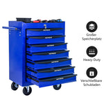 Rolling Tool Cabinet with 7 Drawers, Ball Bearing Slides, Steel Black & Blue