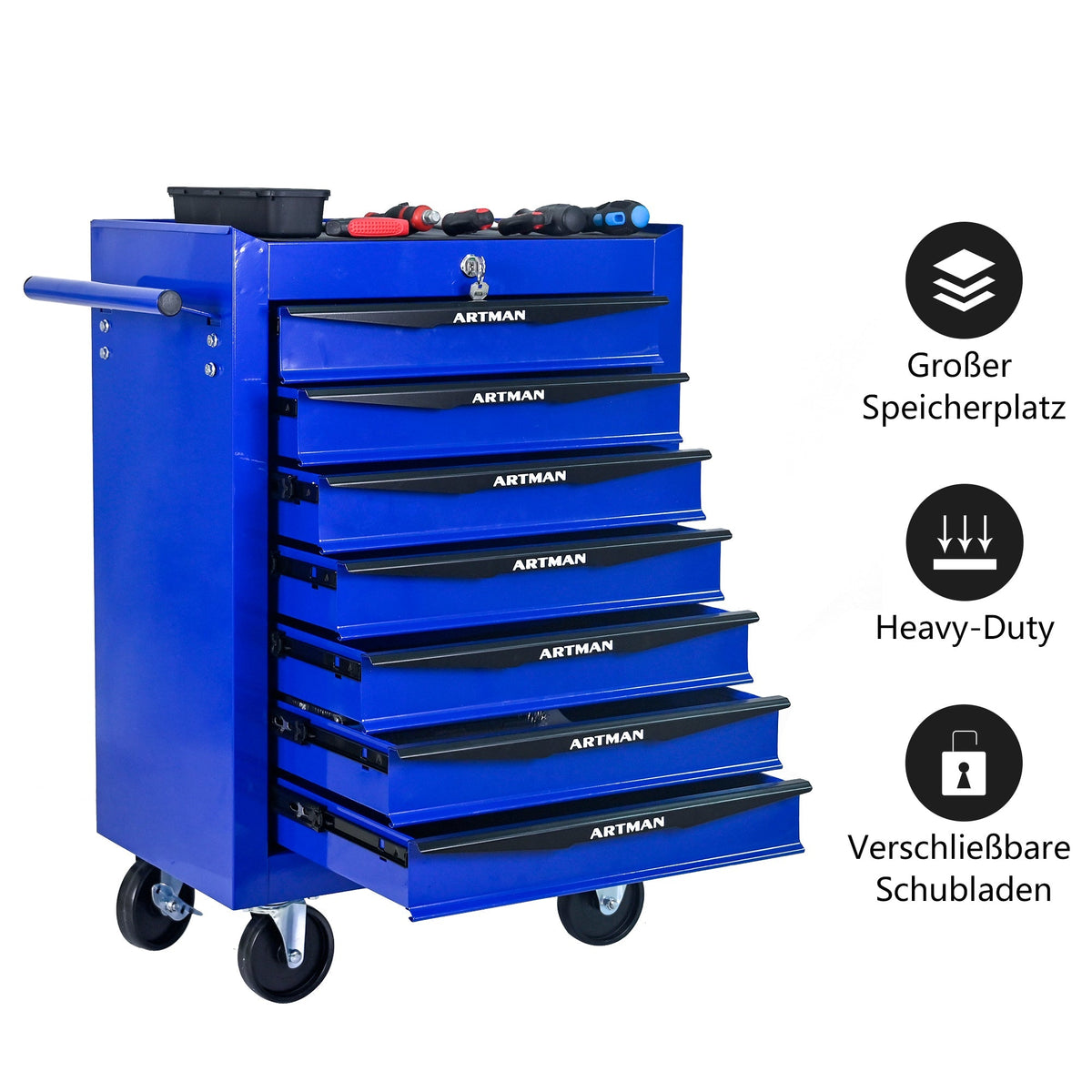 Rolling Tool Cabinet with 7 Drawers, Ball Bearing Slides, Steel Black & Blue