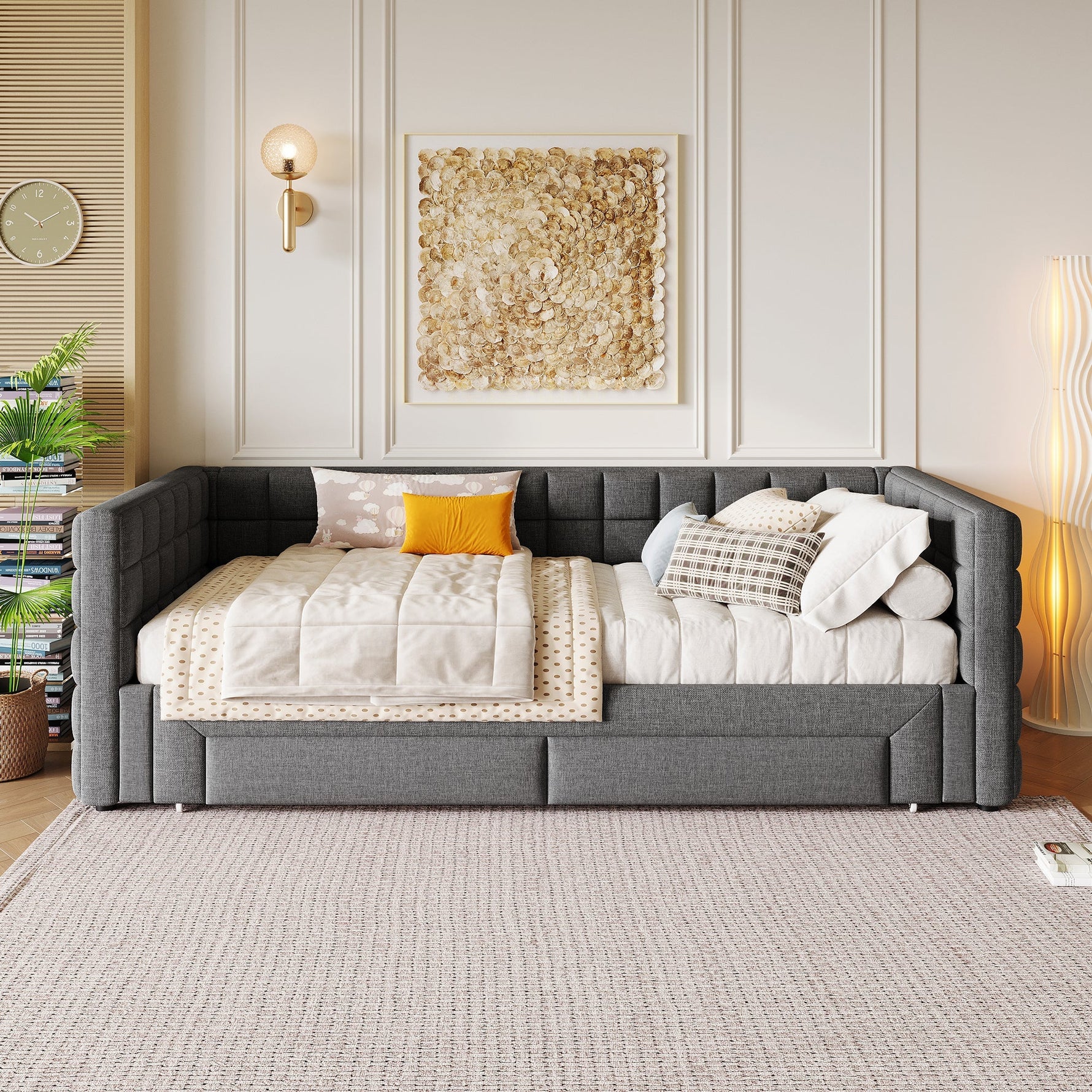 Daybed with Square Backrest and 2 Storage Drawers, Extendable to 180cm, Grey Velvet