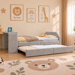 Upholstered Kids Bed 90x200 with Desk & Trundle, Grey Velvet
