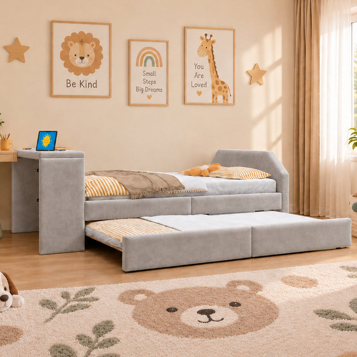 Upholstered Kids Bed 90x200 with Desk & Trundle, Grey Velvet