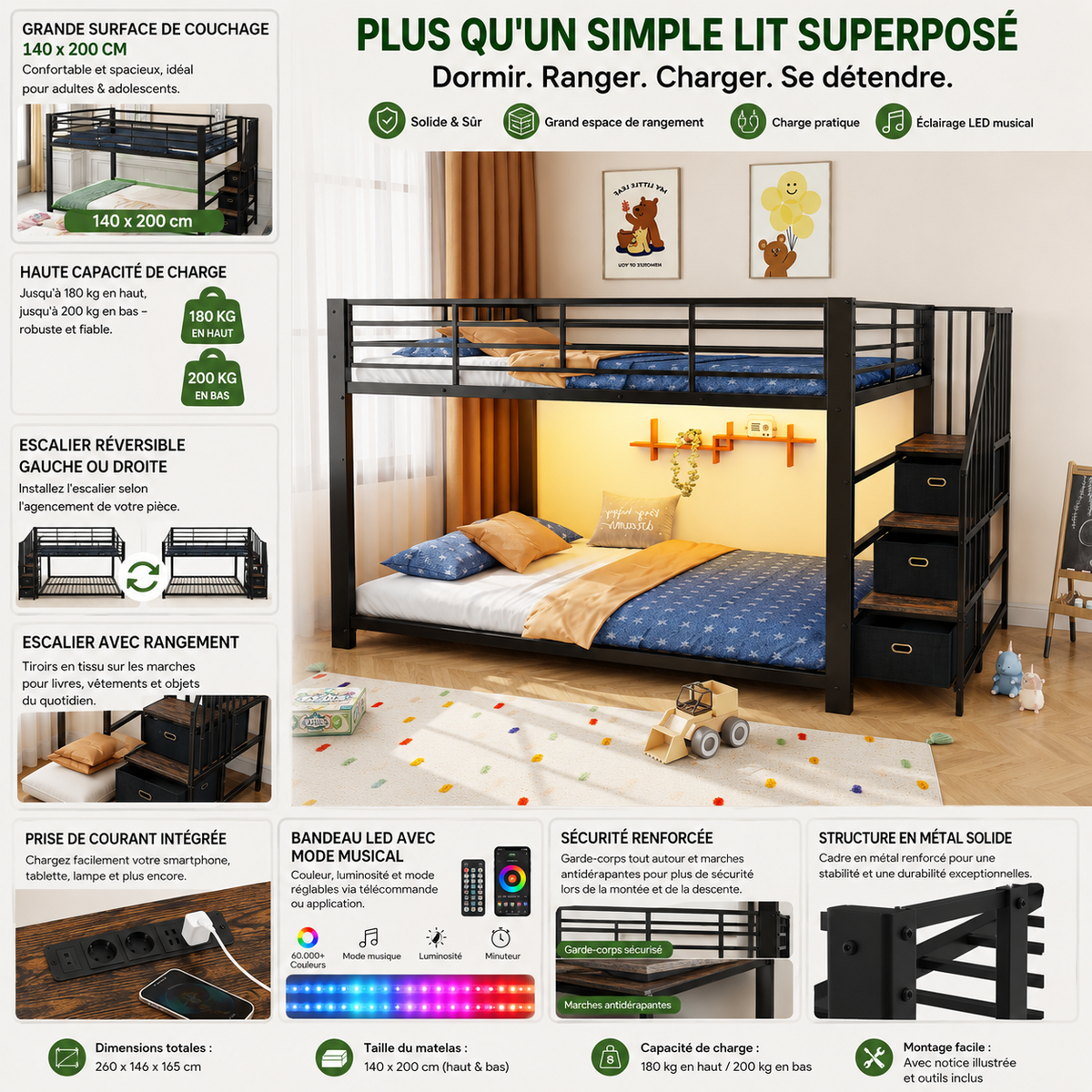 Metal Bunk Bed 90x200cm with Stairs, Storage & LED, Black