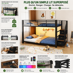 Metal Bunk Bed 140x200cm with Storage Stairs & LED Light, Black