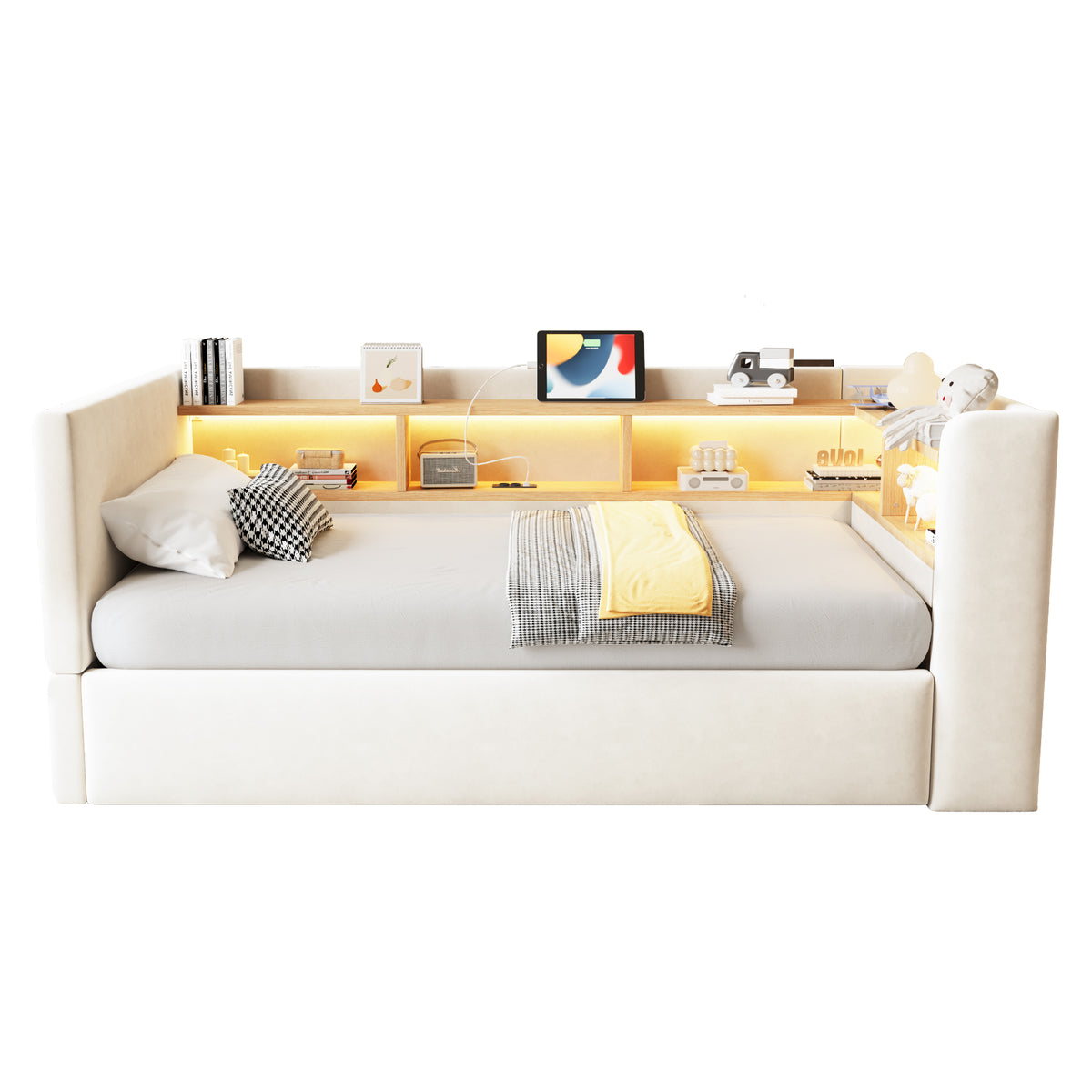 Upholstered Sleeper Sofa 90x190cm with Storage & LED, Beige