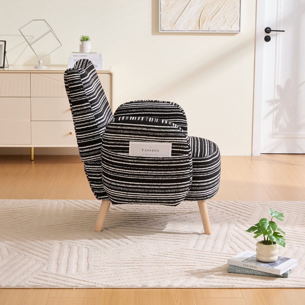 Modern Armchair with Side Pocket and Solid Wood Legs, Circular Pattern Fabric