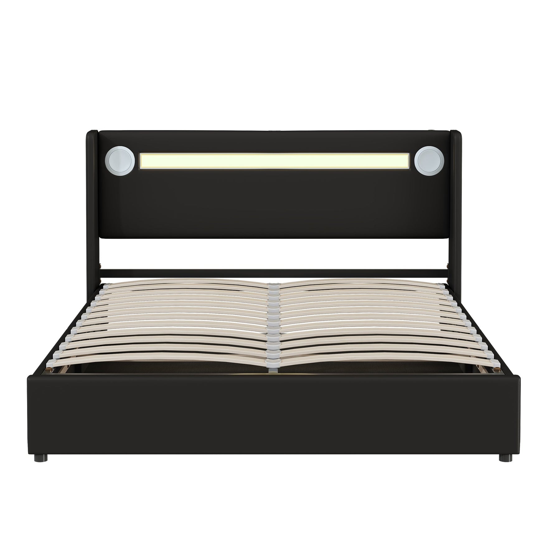 Upholstered Bed, 160x200cm LED & Bluetooth Storage, Black PU Leather