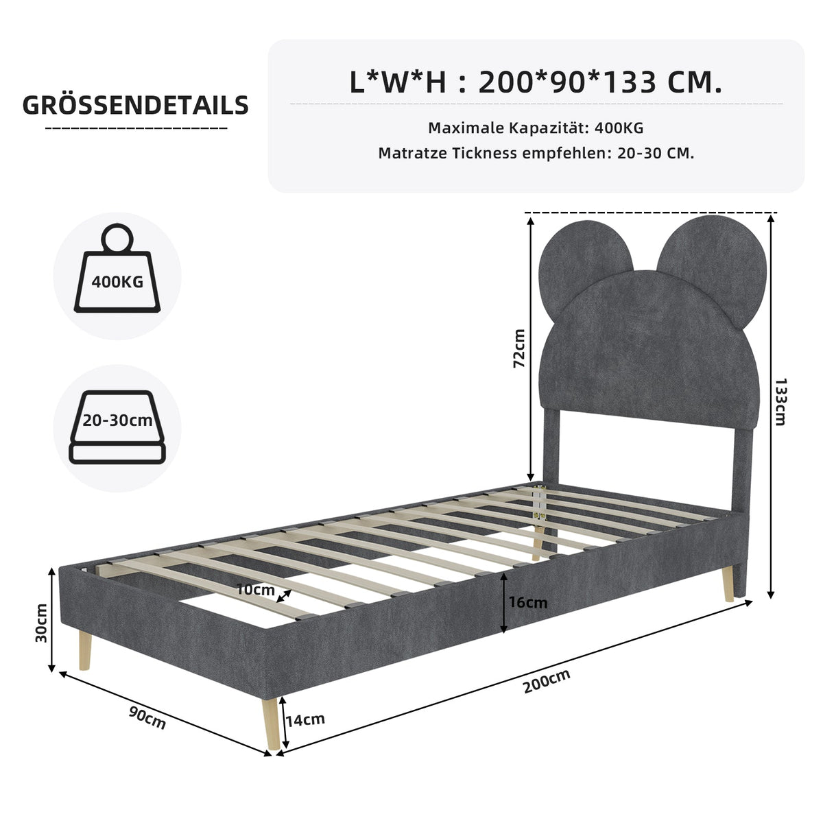 Bed, Upholstered with Cartoon Headboard, Low-Profile Non-Storage, Grey