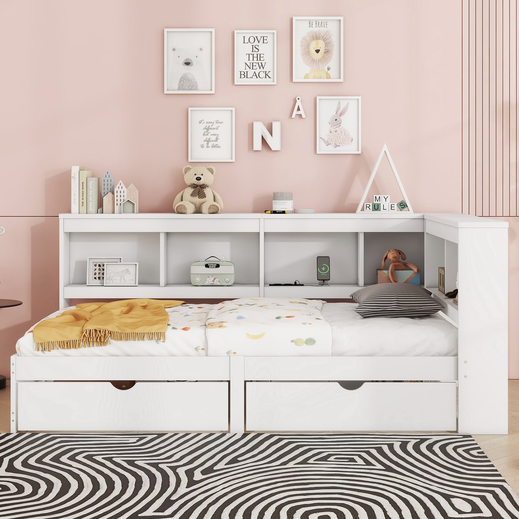 Daybed Sofa Bed 90x200cm 2 Drawers Power Outlet USB - White Chipboard