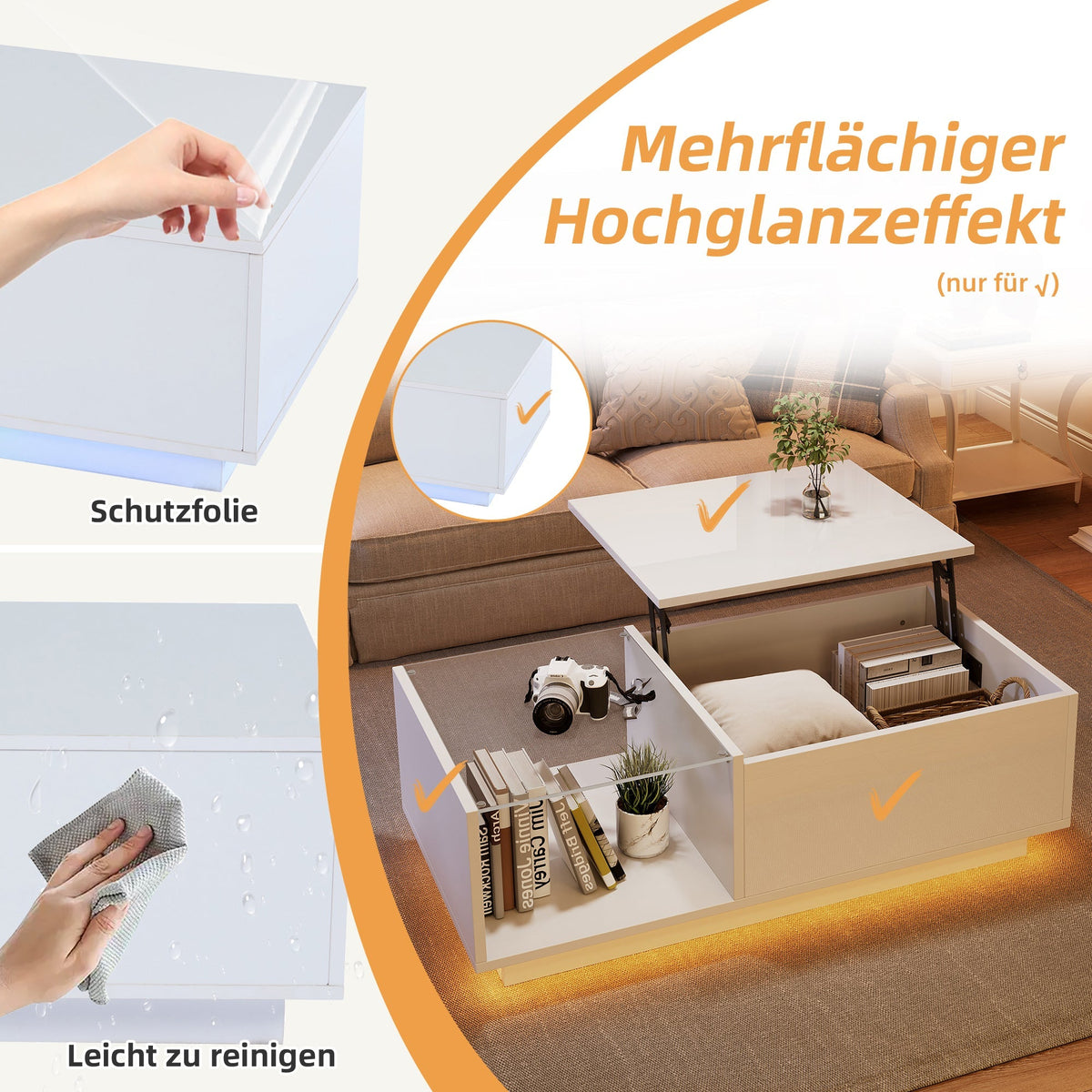 LED Coffee Table, High-Gloss Height-Adjustable Hidden Storage 50x100 cm