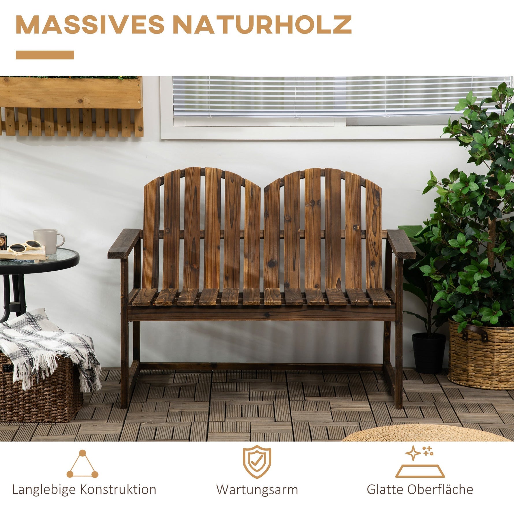 2-Seater Garden Bench, Backrest Armrests 240kg Load Capacity, Charred Wood