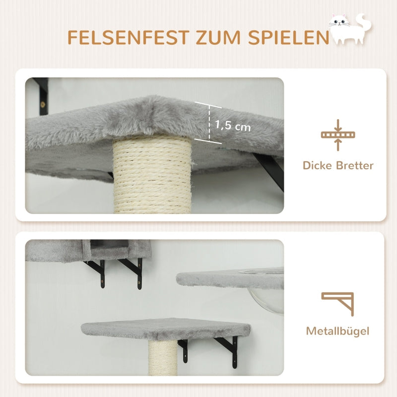 PwaHut Cat Climbing Wall, 7-piece Set with Cat House, Platform, Scratching Post, Grey