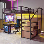 Metal Loft Bed 140x200 LED Lights Storage Open Wardrobe, Black