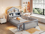 Children's Bed 90 x 200, Solid Wood Frame with Shelves, Storage, Safety Gate & Picture Rail, Grey