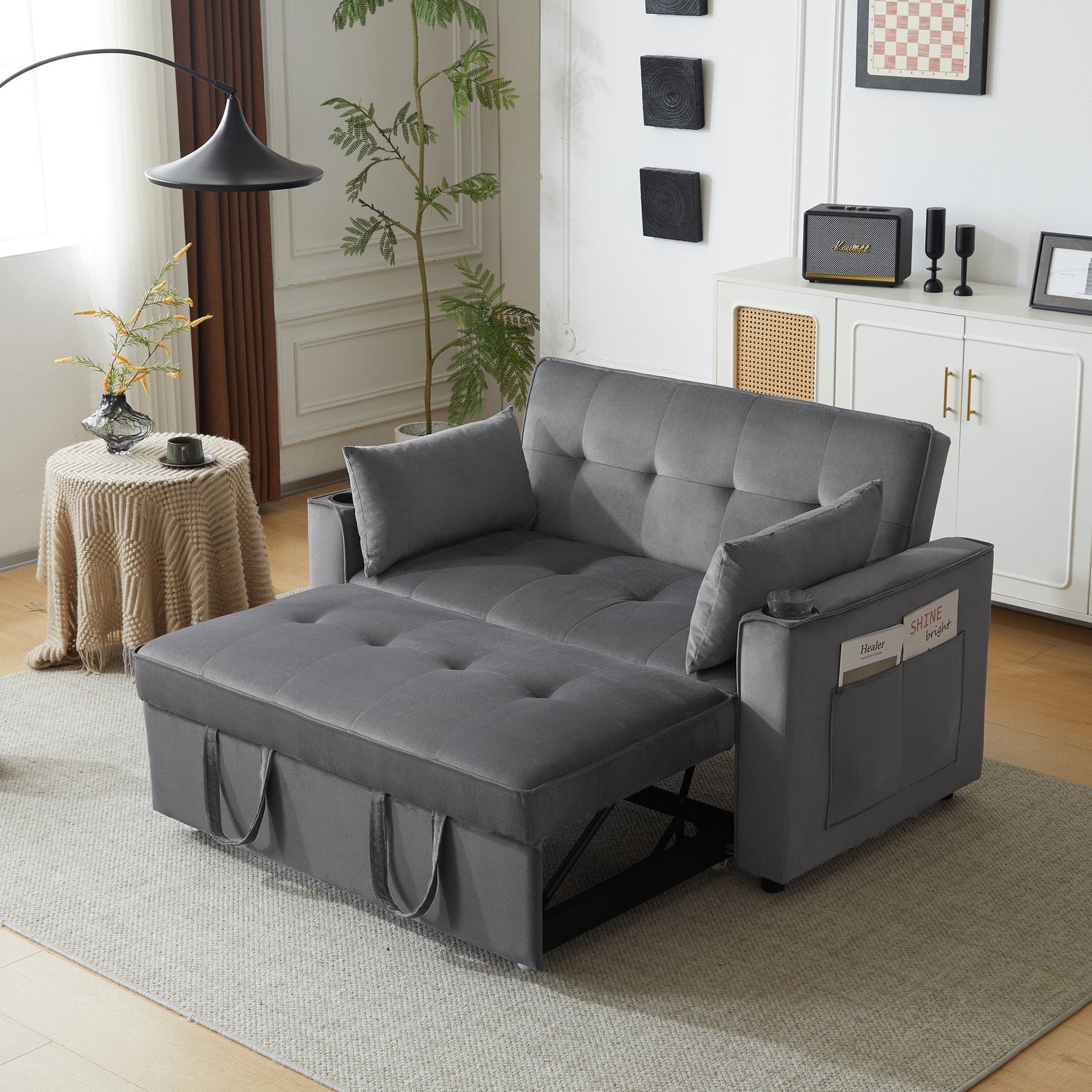 Foldable Sofa Bed, Multifunctional Sleeping Function Cup Holder Cushions