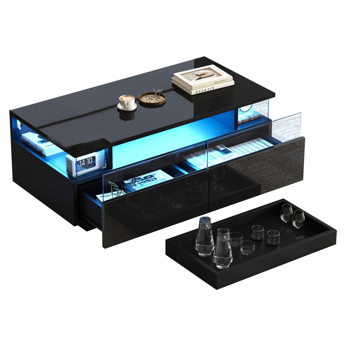 Coffee Table with Tray, High-Gloss, 2 Drawers, Tempered Glass, LED Light, Black
