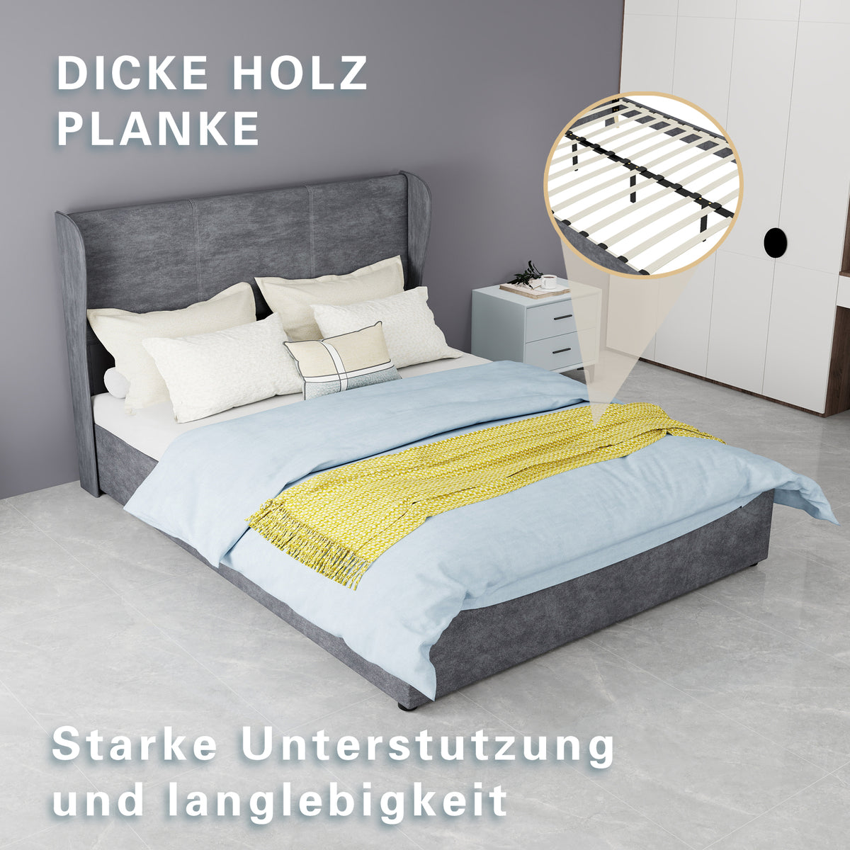 Modern Upholstered Bed 140x200 cm Gas Lift Storage, Grey