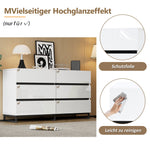 Living Room Sideboard, 6-Drawer High-Gloss Cabinet with Metal Legs, White/Black