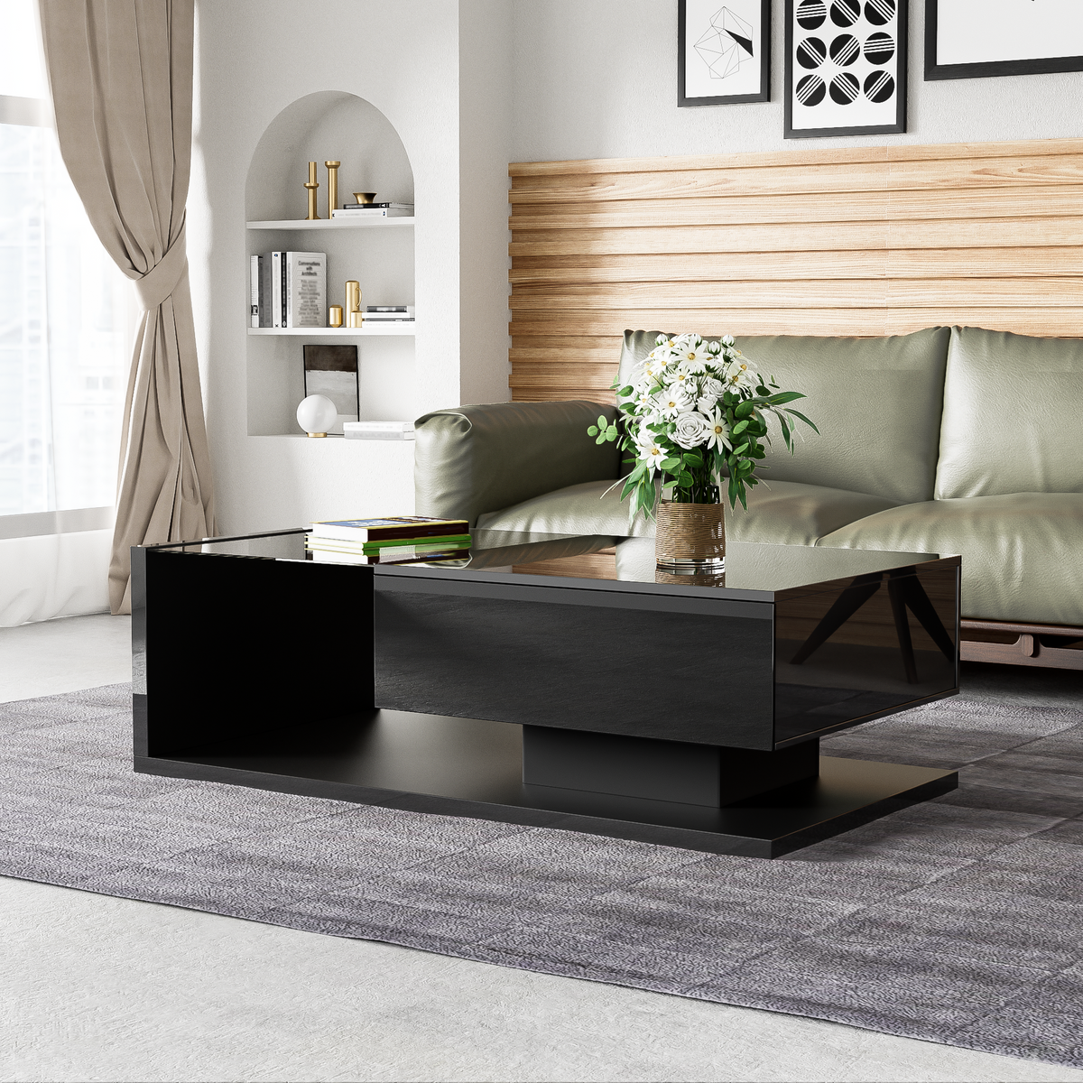 Coffee Table with Glass and LED Effect, High-Gloss Black