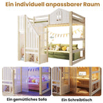 Loft Bed with LED Lights, Window Design and Storage Ladder, White and Natural