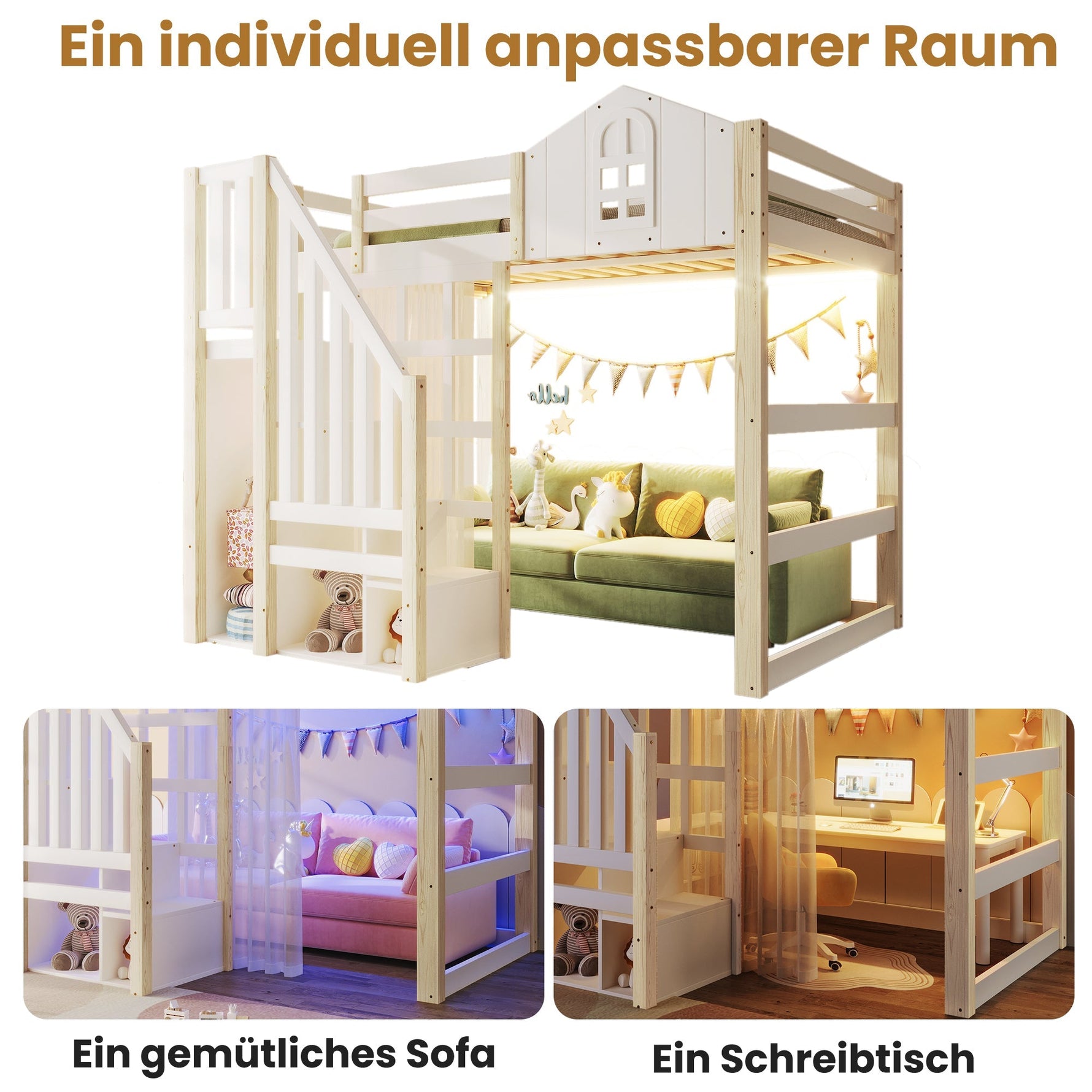 Loft Bed with LED Lights, Window Design and Storage Ladder, White and Natural