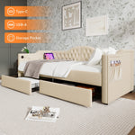 Upholstered Bed, Daybed Sofa Bed with USB C & 2 Drawers, 90x200cm Beige Velvet
