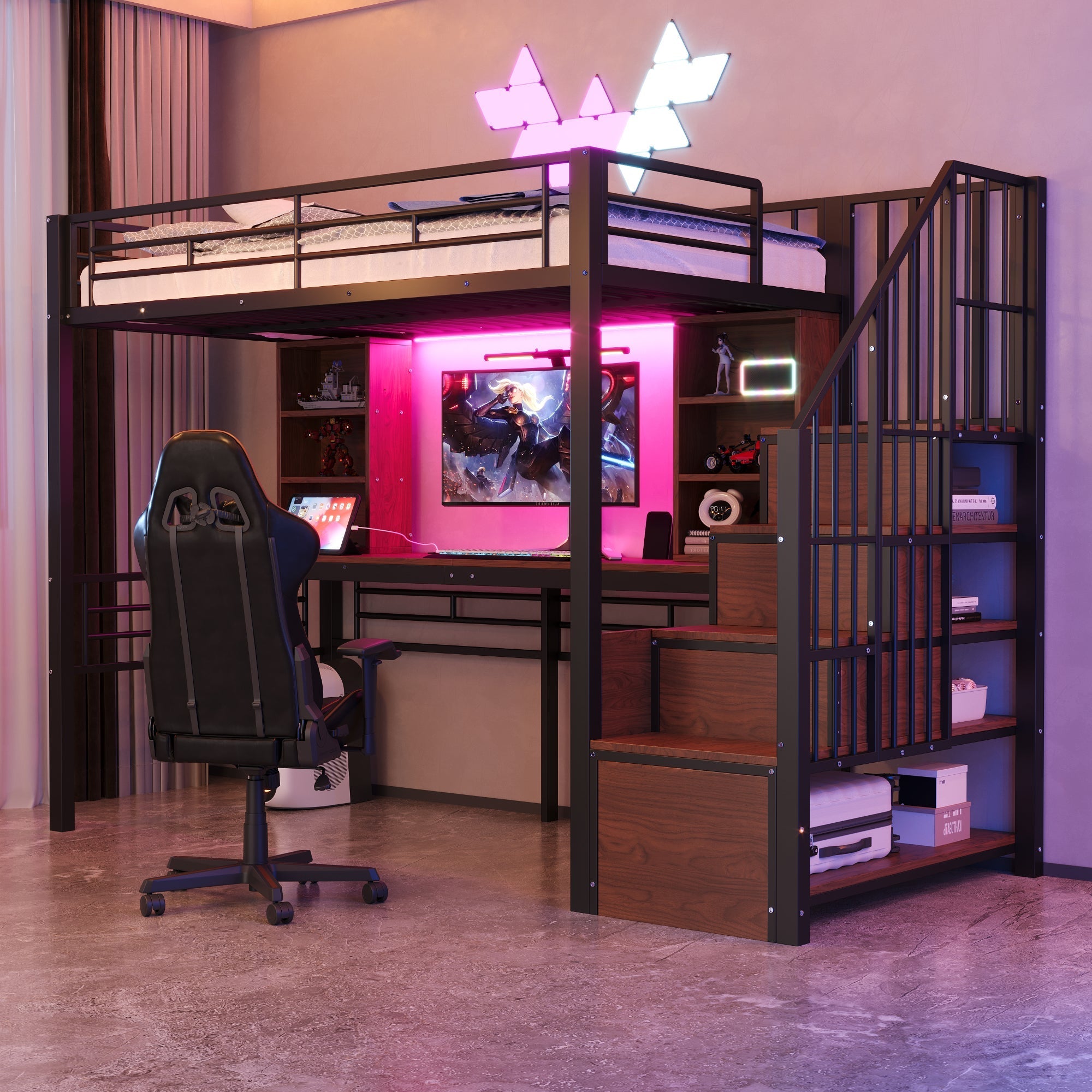 Loft Bed with Desk, Storage Stairs, LED and Socket, 90x200cm, Black Iron