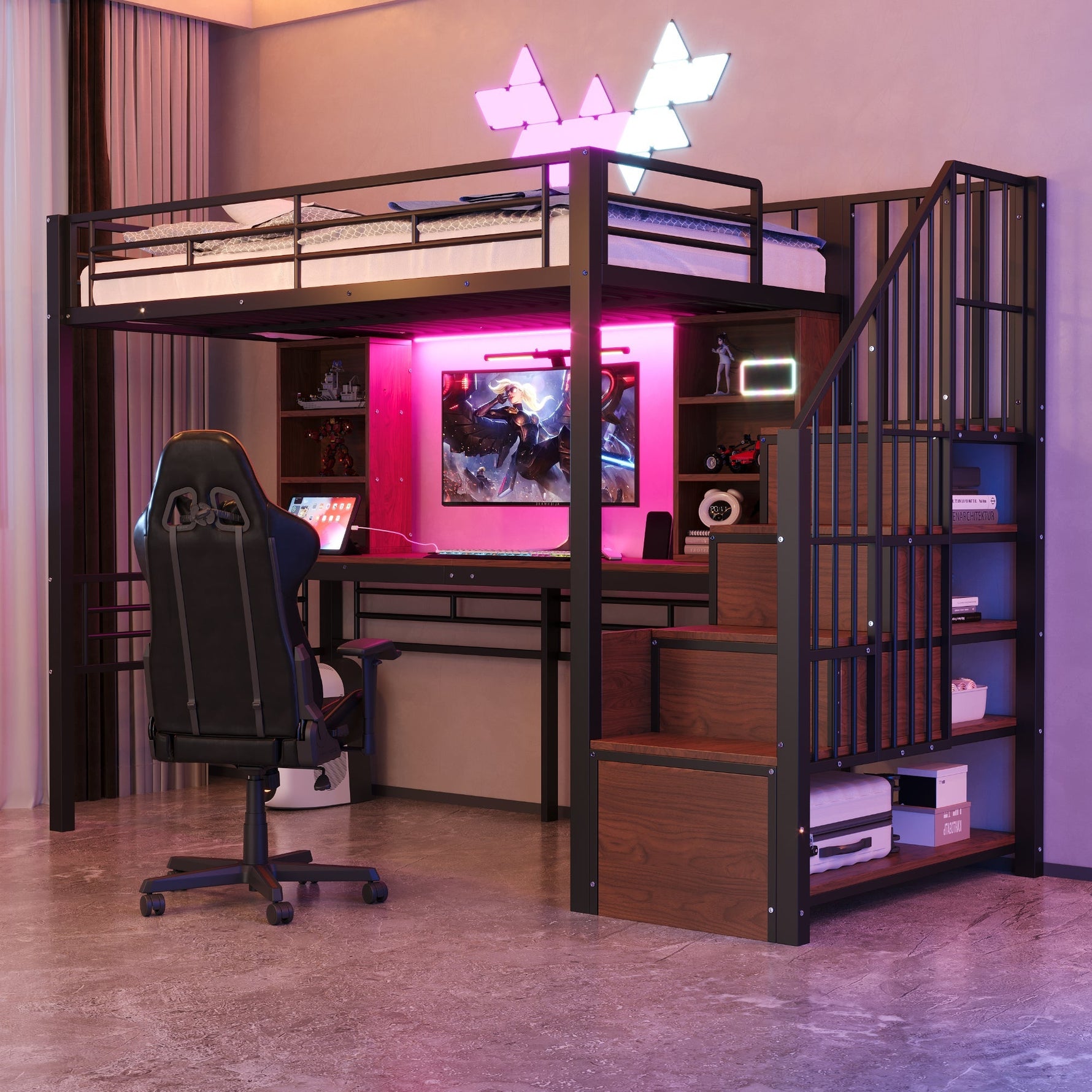 Loft Bed with Desk, Storage Stairs, LED and Socket, 90x200cm, Black Iron
