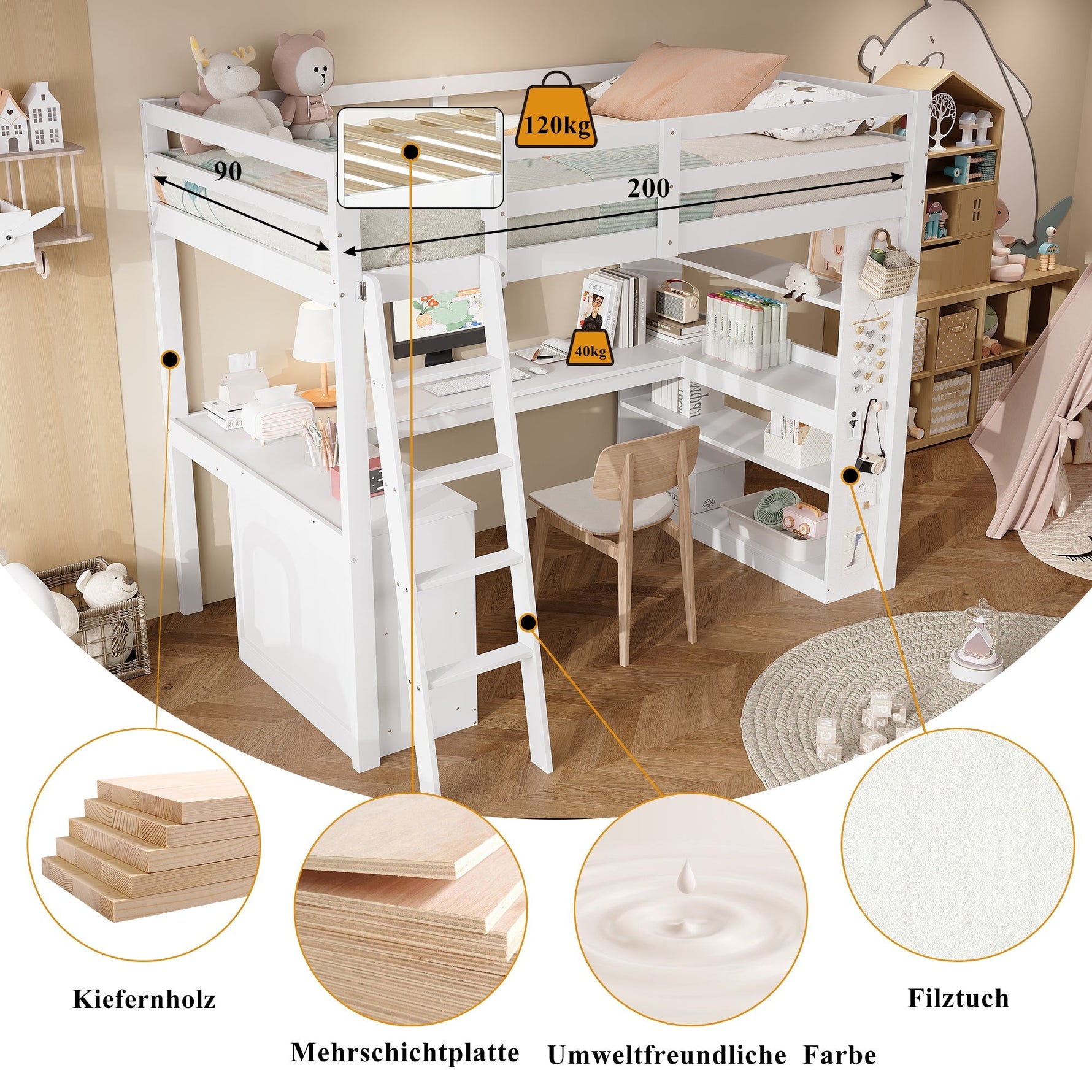 Bunk Bed Children's Storage Shelf Safety Railing Angled Ladder 90x200cm, Pine Chipboard White