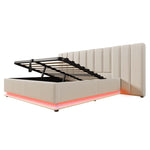 Upholstered Bed 160x200 Storage LED USB-C Slatted Base, Linen Beige