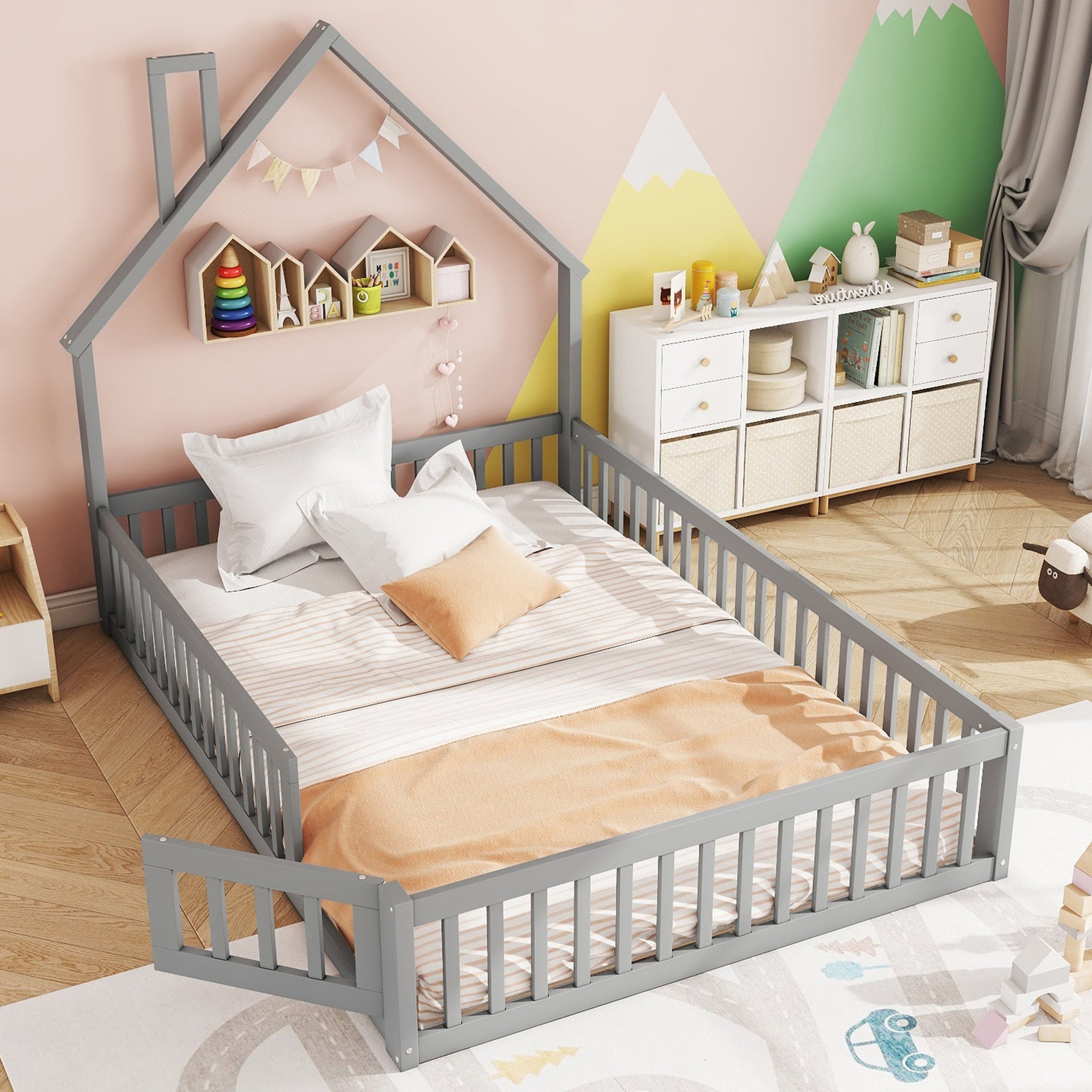 Upholstered Bed 140x200cm Chimney Design Pine Frame - Grey
