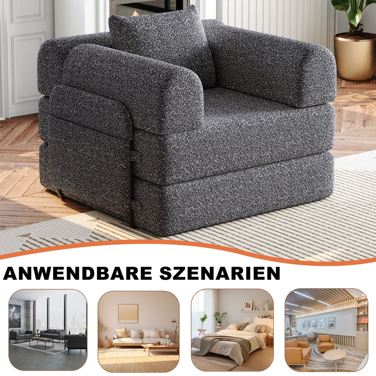 2-in-1 Sleeper Sofa with Storage Armrest and Multiple Configurations, Chenille