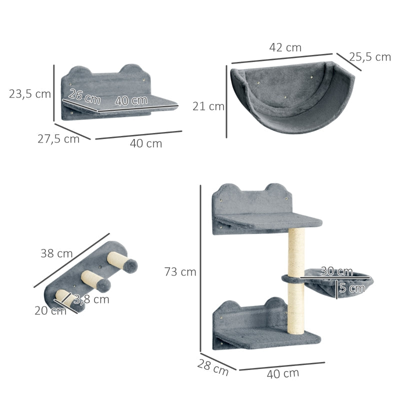 Cat Climbing Wall - 4 Pcs., Scratching Post, Cat Stairs, Hammock, Jumping Platform, Wood