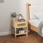 Bedside Table with Drawer, Open Shelf, Rattan Design, Natural