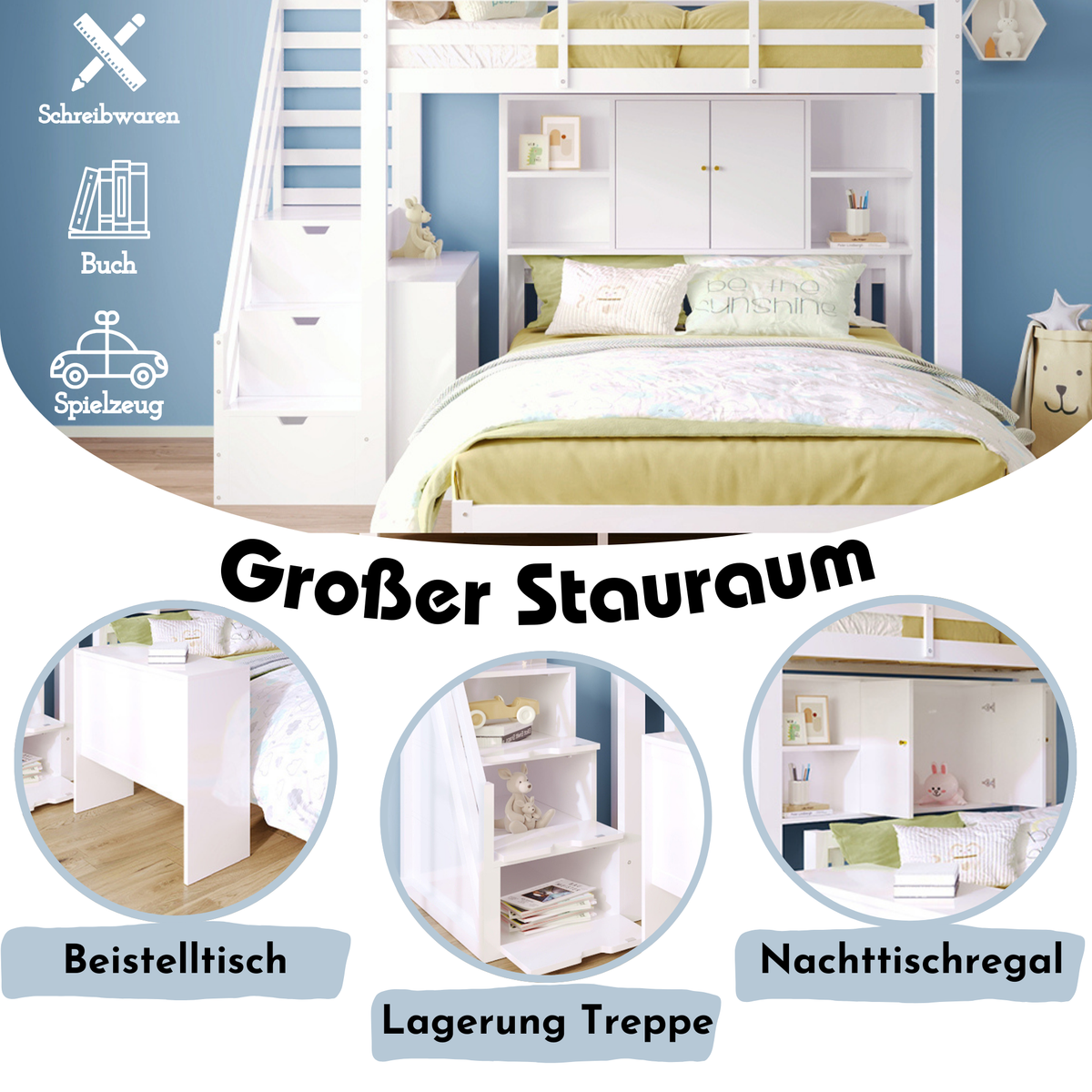 Children's Bunk Bed with Storage Stairs and Movable Side Table, 90x200cm and 140x200cm, White