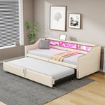 Extendable Upholstered Sofa Bed with Storage, LED and USB, 90/180x200cm, Beige Velvet