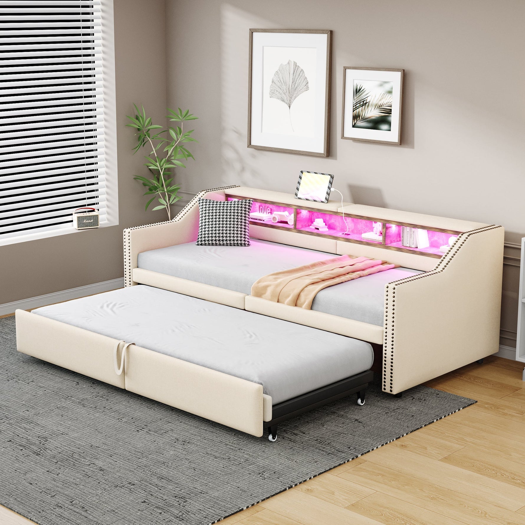Extendable Upholstered Sofa Bed with Storage, LED and USB, 90/180x200cm, Beige Velvet